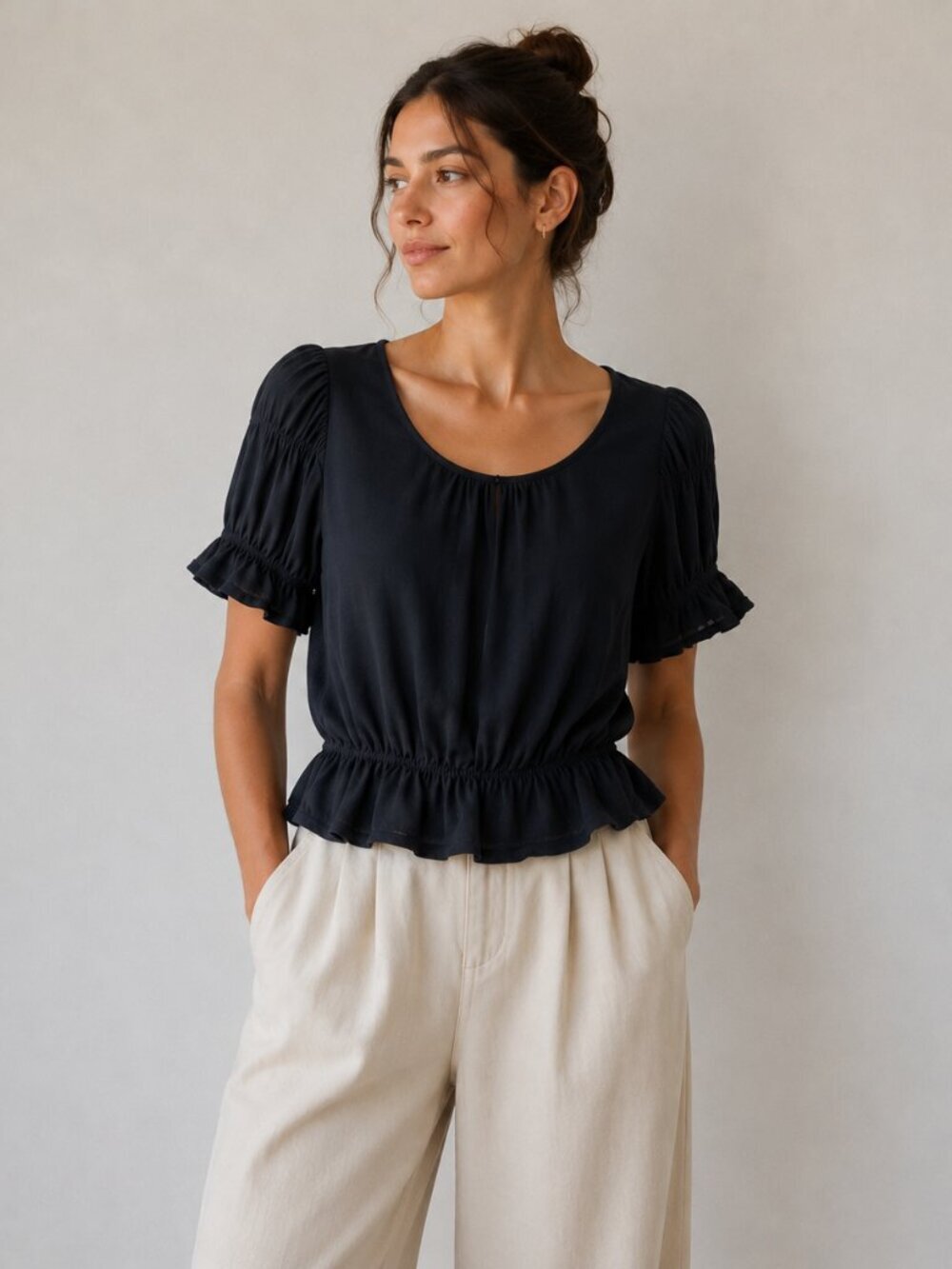 For Love & Lemons Black Puff Sleeve Peplum Blouse Keyhole Back Size Medium